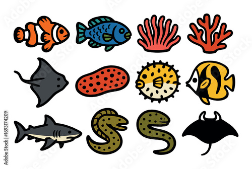 Marine life flat icon set. featuring clownfish, seahorse, coral, ray, pufferfish, eel, shark, and angelfish.