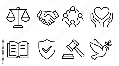 Justice and peace linear icons set. featuring scales, handshake, teamwork, love, book, shield, gavel, dove symbols.