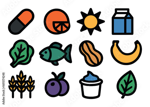 Nutrition flat icon set. featuring medicine, fruit, sun, milk, lettuce, fish, nut, banana, wheat, plum, yogurt, and leaf.
