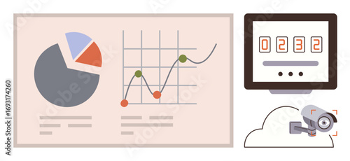 Pie chart, line graph on board, counter display, and cloud-linked security camera. Ideal for business analytics, security monitoring, cloud technology, data presentation, statistics IoT digital