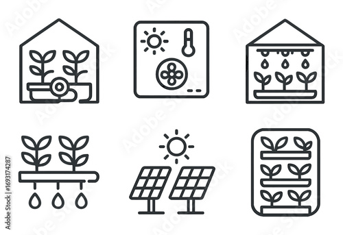 Greenhouse and solar energy linear icon set. featuring irrigation, thermostat, solar panel, and vertical farming symbols.