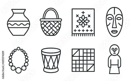 African culture linear icon set. featuring vase, basket, rug, mask, necklace, drum, quilt, statue.