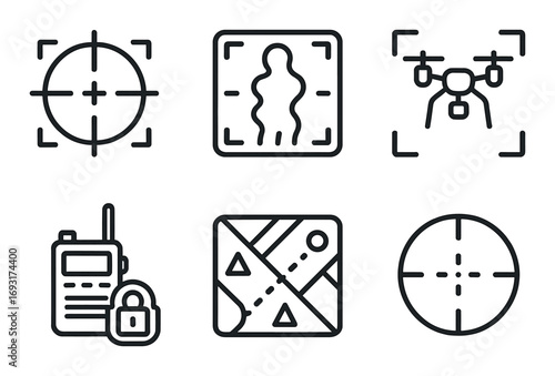 Military and surveillance linear icon set. featuring target, drone, radio, gps map, sniper scope.