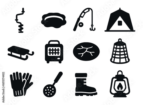Camping and fishing silhouette icon set. featuring tent, heater, lantern, gloves, fishing pole, and boot symbols.