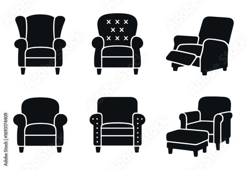 Furniture silhouette icon set. featuring armchairs, recliners, ottomans, lounge chairs, and sofas.
