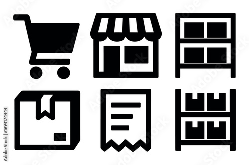 Shopping and storage silhouette icon set. featuring cart, store, shelf, box, receipt symbols.