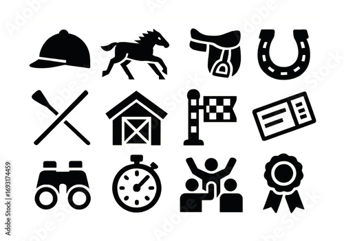 Equestrian sports silhouette icon set. featuring helmet, horse, saddle, horseshoe, polo sticks, barn, flag, ticket, binoculars, stopwatch, podium, ribbon.
