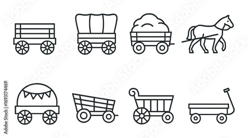 Transportation silhouette icons set. featuring wagons, horse, cart symbols.