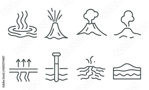 Geothermal energy linear icon set. featuring hot spring, geyser, volcano, steam, earthquake, thermometer, heat flow.