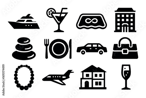 Travel and leisure silhouette icon set. featuring yacht, cocktail, pool, hotel, spa, dining, car, purse, necklace, airplane, villa, wine glass.