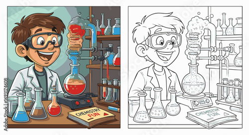 A Young Boy Enthusiastically Conducts a Chemistry Experiment in a Vibrant Laboratory, with a Coloring Page Version Included