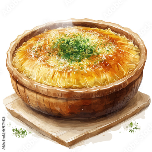 Kunafa, watercolor painting vector, isolated on a white background.