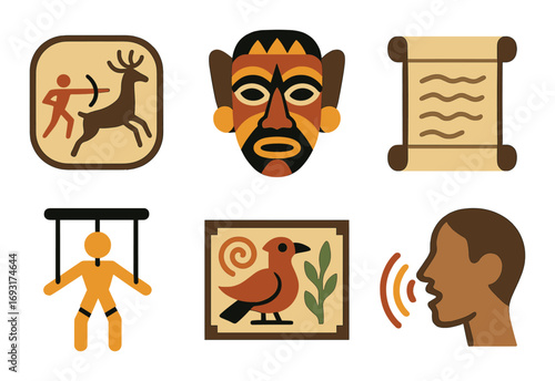 Cultural artifacts silhouette icon set. featuring hunter, mask, scroll, puppet, bird, communication symbols.