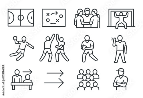 Sports activities linear icon set. featuring basketball, tactics, team, goalkeeper, handshake, and coaching symbols.