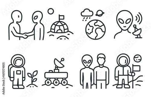 Space exploration and alien encounters linear icon set. featuring spaceship, alien, astronaut, rover, and planet symbols.