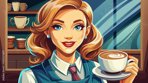 Close-up portrait of female barista holding latte with elegant smile. Isolated background highlights creativity, friendliness, and charm of café culture.