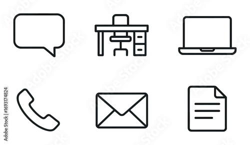 Office essentials linear icon set. featuring chat, desk, laptop, phone, email, and document symbols.
