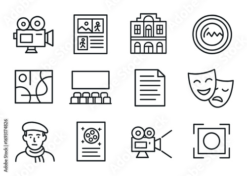 Cinema linear icon set. featuring camera, gallery, theater, audience, script, masks, director, ticket, spotlight.