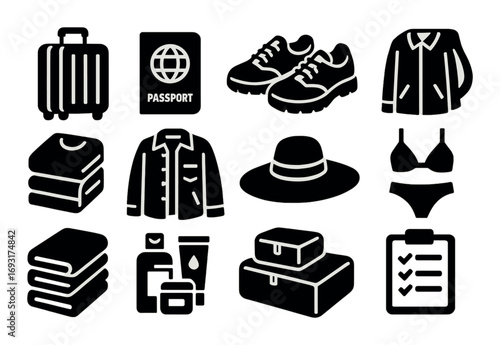 Travel silhouette icon set. featuring suitcase, passport, sneakers, jacket, hat, bikini, toiletries, luggage.