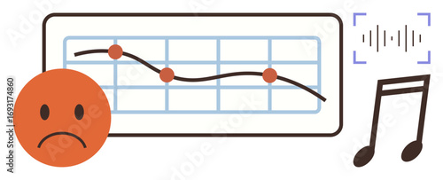 Sad face and falling graph with data points overlaid on a grid, soundwave, and musical note. Ideal for emotion analysis, music trends, negative data, audio, feedback statistics research. Simple