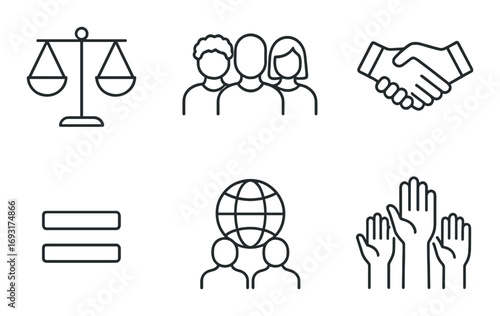 Social interaction linear icon set. featuring scales, team, handshake, equality, global community, and support symbols.