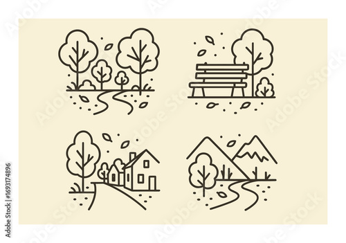 Nature and outdoors linear icon set. featuring trees, bench, trail, house, and mountain symbols.