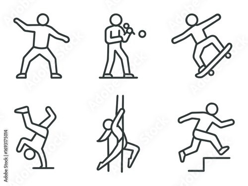 Recreational activities linear icon set. featuring dancing, juggling, skateboarding, breakdancing, climbing, and parkour symbols.