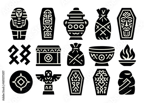 Ancient egypt silhouette icon set. featuring pharaoh, sarcophagus, urn, mummy, mask, and tomb symbols.