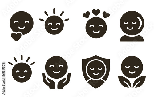 Emotions and well-being silhouette icon set. featuring love, happiness, peace, security, and meditation symbols.