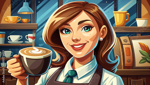 Close-up portrait of female barista holding latte with elegant smile. Isolated background highlights creativity, friendliness, and charm of café culture.