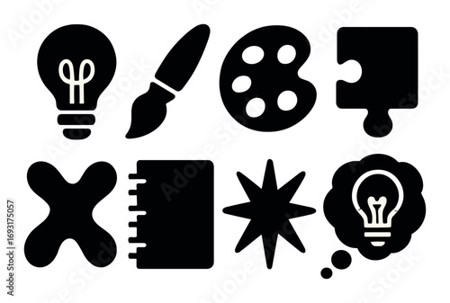 Creativity and art silhouette icon set. featuring light bulb, paintbrush, palette, puzzle, notebook, and star symbols.
