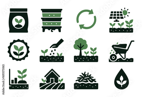 Organic farming silhouette icon set. featuring compost, recycle, solar, sprout, planting, tree, wheelbarrow, greenhouse.