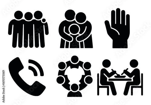 Community interaction silhouette icon set. featuring group, family, hand, phone, teamwork, and meeting symbols.