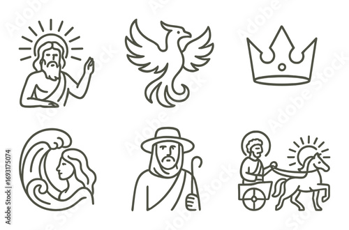 Mythological linear icon set. featuring zeus, phoenix, crown, wave, shepherd, chariot.