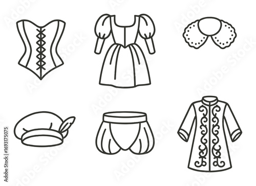 Medieval clothing linear icon set. featuring dress, corset, collar, beret, breeches, and coat symbols.