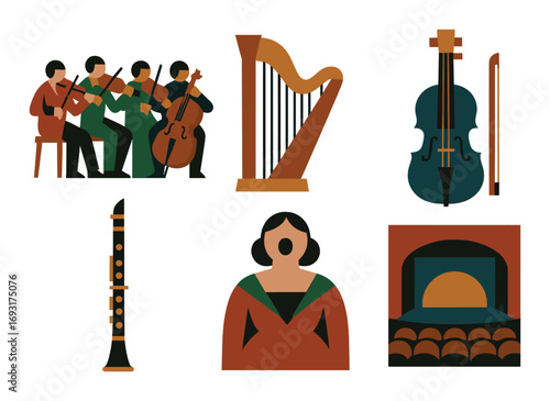 Music and performance flat icon set. featuring orchestra, harp, violin, clarinet, opera singer, theater.
