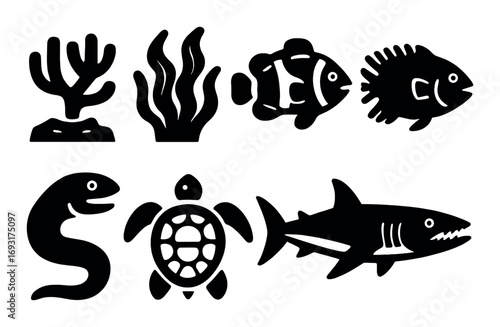 Marine life silhouette icons set. featuring coral, seaweed, clownfish, fish, eel, turtle, and shark symbols.