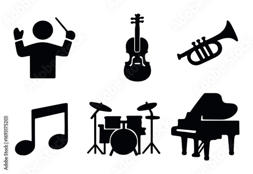 Music instruments silhouette icon set. featuring conductor, violin, trumpet, note, drums, and piano symbols.