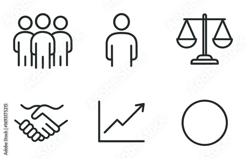 Business and leadership linear icon set. featuring team, individual, justice, handshake, growth, and focus symbols.
