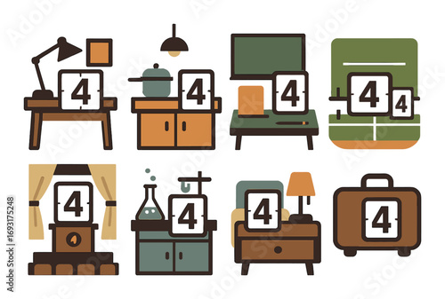 Retro furniture flat icon set. featuring desk, kitchen, living room, appliances, clock, suitcase symbols.