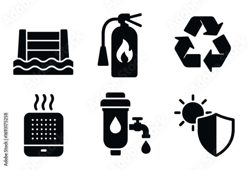 Safety and environment silhouette icon set. featuring dam, fire extinguisher, recycling, smoke, water filter, sun protection.