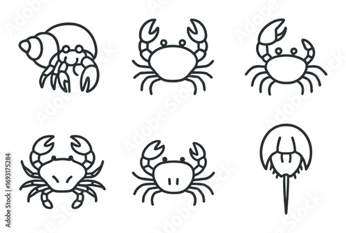 Marine life silhouette icon set. featuring hermit crab, crab, horseshoe crab symbols.