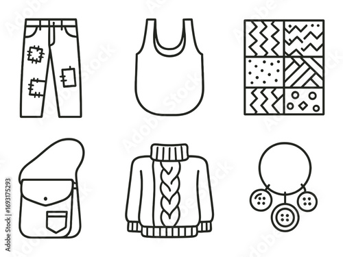 Fashion apparel linear icon set. featuring jeans, tank top, quilt, bag, sweater, necklace designs.