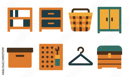 Household storage flat icon set. featuring shelf, drawers, basket, cabinet, box, toolkit, hanger, chest icons.