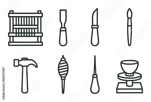 Crafts linear icon set. featuring loom, chisel, knife, paintbrush, hammer, spindle, awl, bowl symbols.