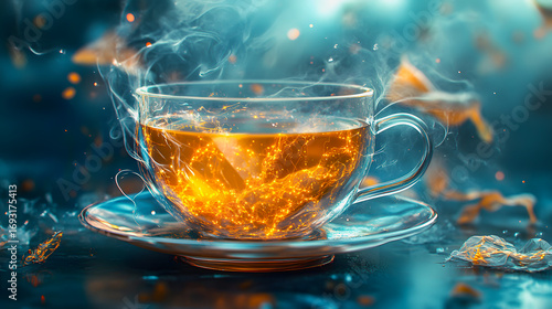 Glowing Tea Cup in Blue Atmosphere – Dynamic Liquid Motion