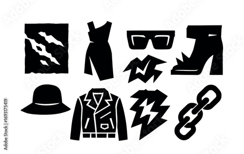 Fashion silhouette icon set. featuring dress, sunglasses, jacket, shoes, hat, and chain symbols.