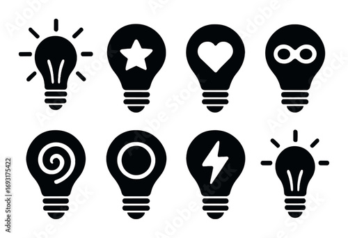 Creativity theme silhouette icon set. featuring bulb, star, heart, infinity, swirl, circle, lightning symbols.