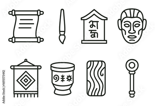 Ancient cultures linear icon set. featuring scroll, brush, temple, mask, tapestry, jar, tablet, staff symbols.