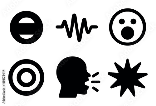 Music and audio silhouette icon set. featuring speaker, soundwave, microphone, volume, record, and star symbols.